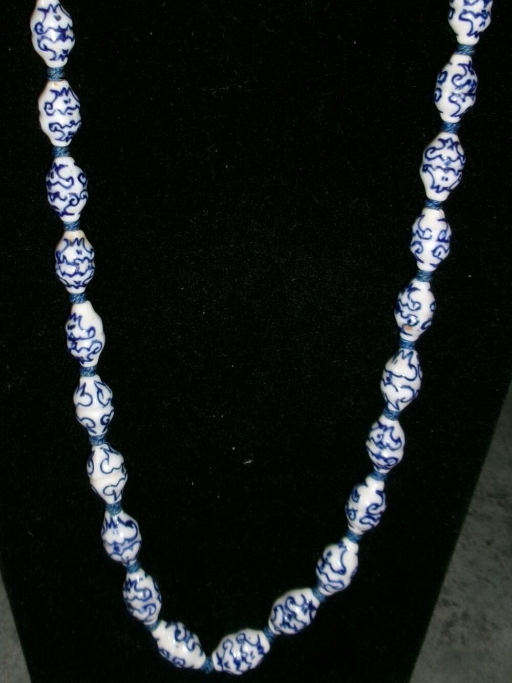 Vintage Chinese Blue & White Painted Porcelain Bead Hand-Knotted 24" Necklace